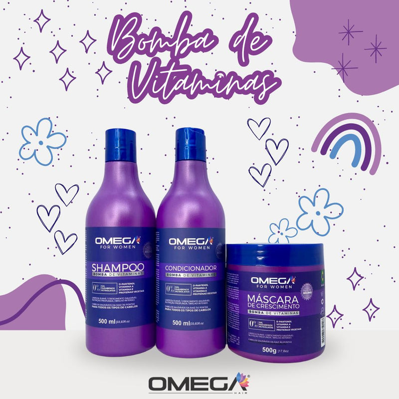Kit Capilar Bomba de Vitamina Shampoo Condicionador Mascara 500g OmegaHair