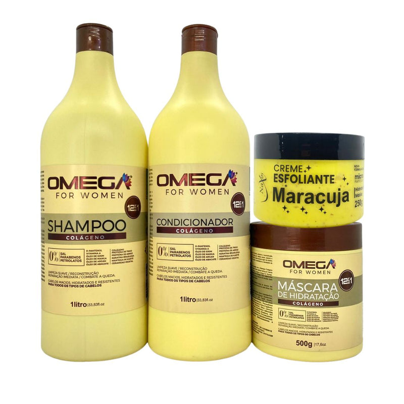 Kit Hidratante Colágeno Shampoo Condicionador 1L Máscara Omega Hair e Esfoliante Maracujá