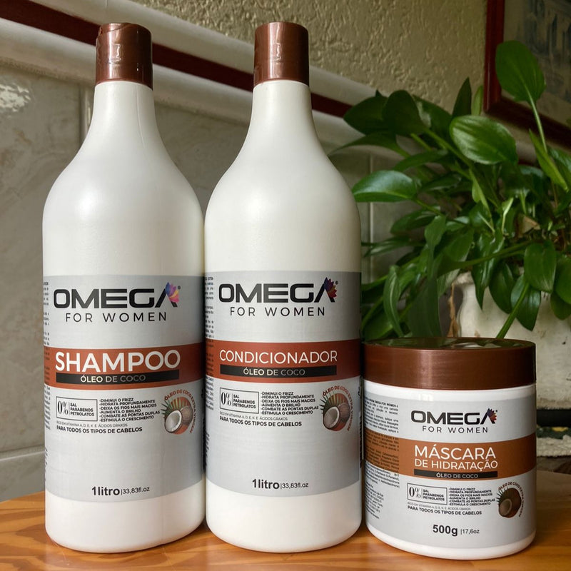 Kit Capilar Óleo De Coco Shampoo Condicionador 1L E Máscara OmegaHair